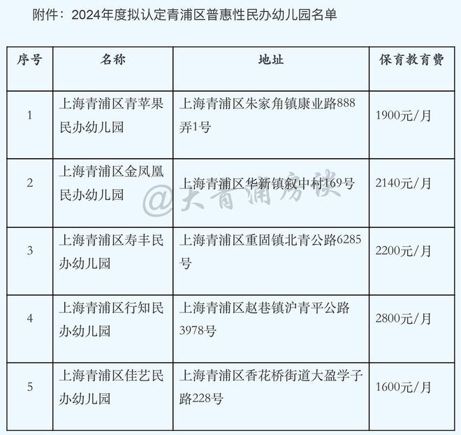 2024年度青浦区普惠性民办幼儿园认定结果的公示(图2)